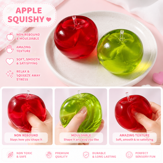 Red and green squishy apples on a white plate with text describing their features.