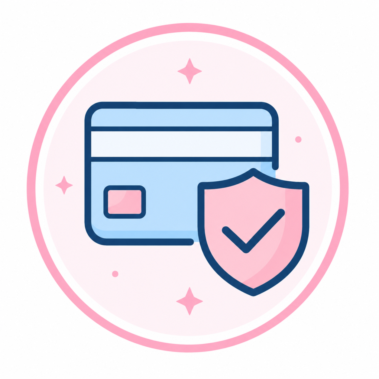 A digital vector icon depicting a light blue credit card next to a pink shield with a checkmark, enclosed in a circular pink frame on a white background.