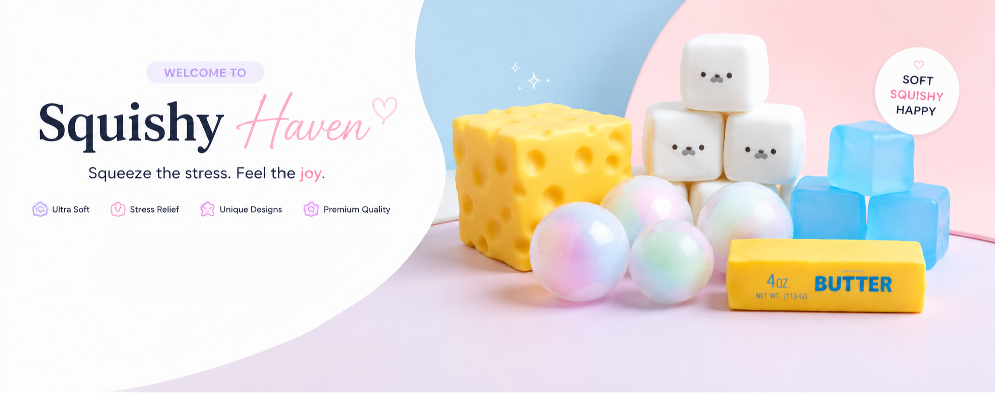 Squishy toys and a sponge with 'Squishy Haven' branding on a colorful background.