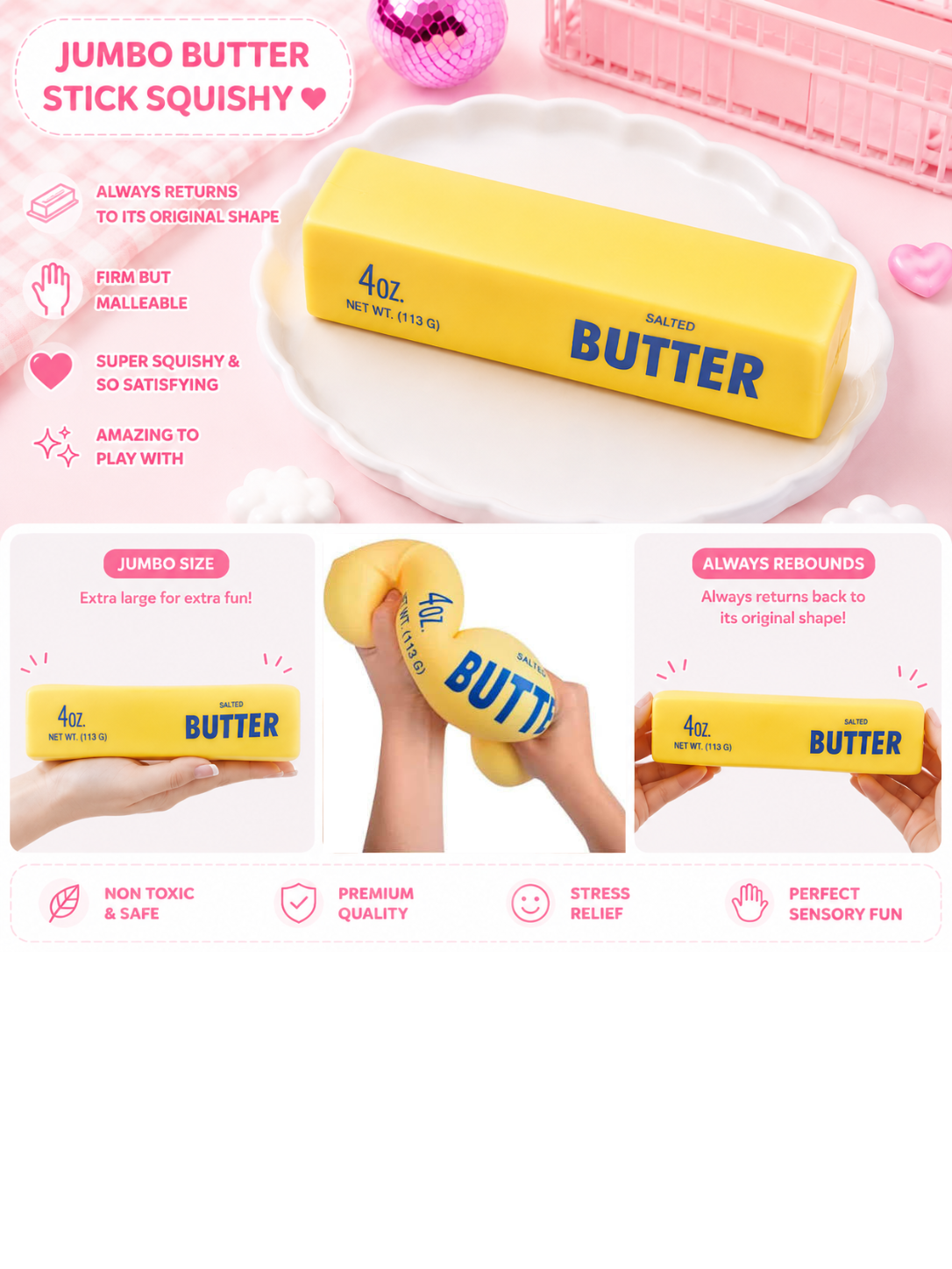 Yellow 'Butter' stick squishy toy with packaging and usage examples on a pink background.
