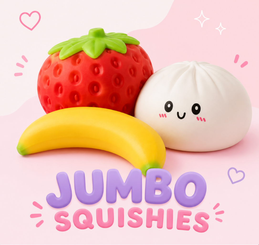 Jumbo squishies shaped like a strawberry, banana, and bento box on a pink background with 'Jumbo Squishies' text.